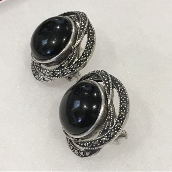 JUDITH JACK Onyx Marcasite Silver Vintage Studs - Picture 6 of 9